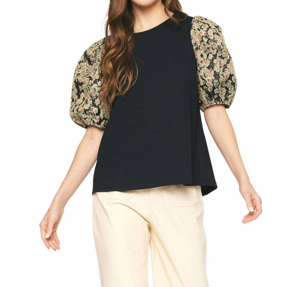 NEW ENTRO floral jacquard sleeve top in black - Picture 3 of 7